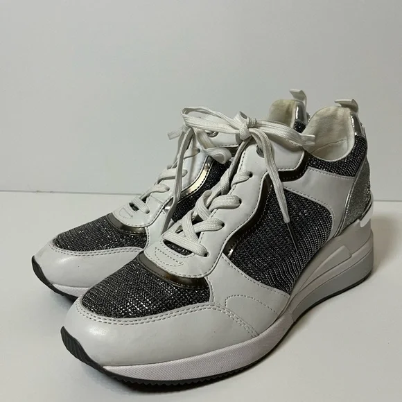 Michael Kors Crista Silver White Mixed Media Wedge Sneakers Glitter Women’s 9.5 - Picture 1 of 12